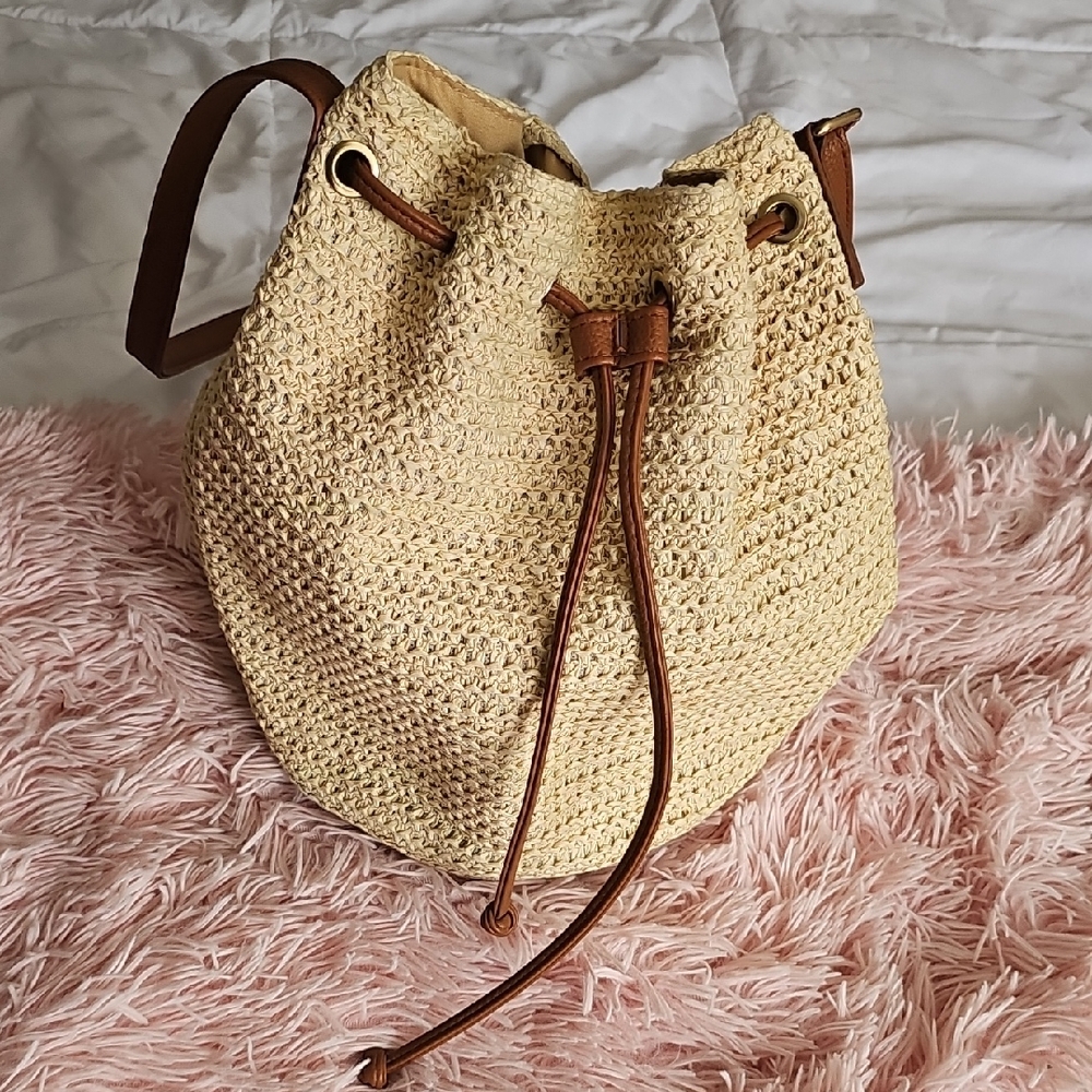 Montce Cream Straw Drawstring Bucket Bag with Brown Trim